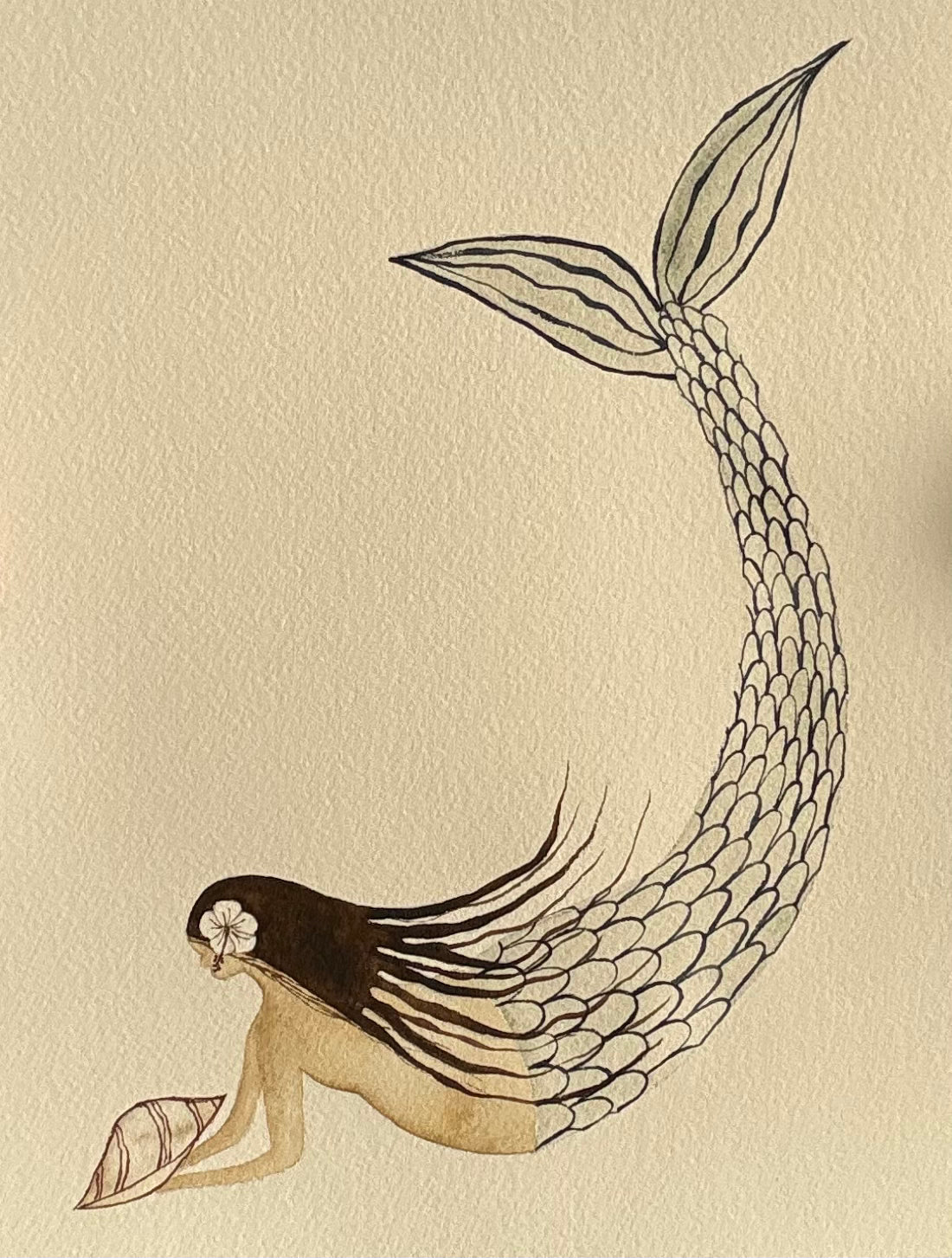 Mermaid Watercolor Original - Cream