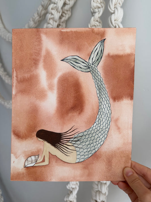 Coral Mermaid Watercolor Original